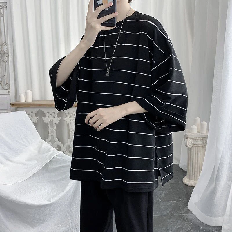 

Striped Print Short Sleeve Men T Shirts 2022 Summer Trend Teenagers Hem Split Fork All-match Causal 2xl Oversized Clothing White