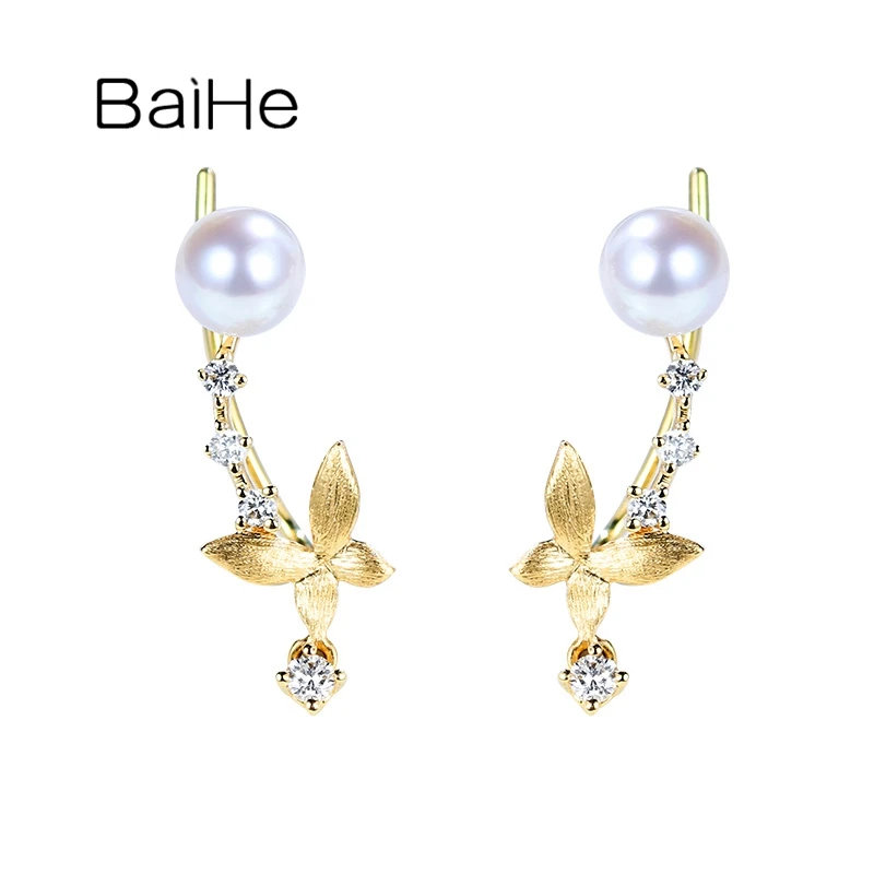 

BAIHE Solid 14K White/Yellow/Rose Gold Natural Diamond Wedding Trendy Fine Jewelry Freshwater Pearl Earrings Women Ear Clip