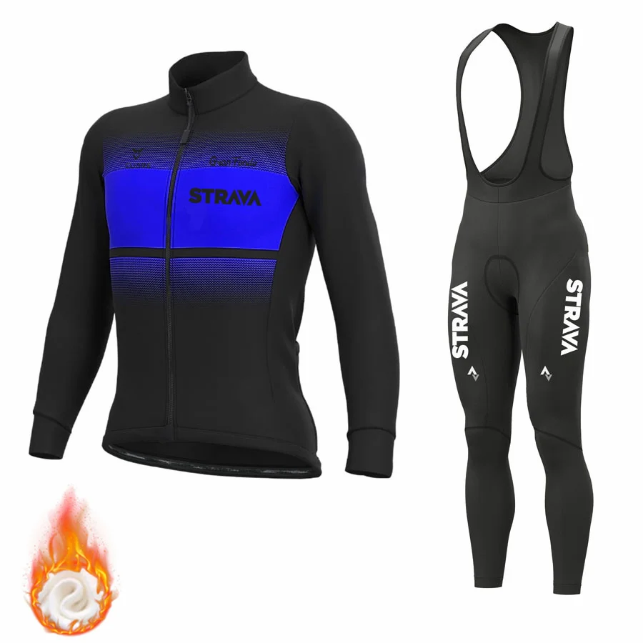 

Pro Team STRAVA Winter Warm Polar Fleece Cycling Wear Men's Long Sleeve Cycling Jersey Outdoor Cycling Mountain Bike Bib Set