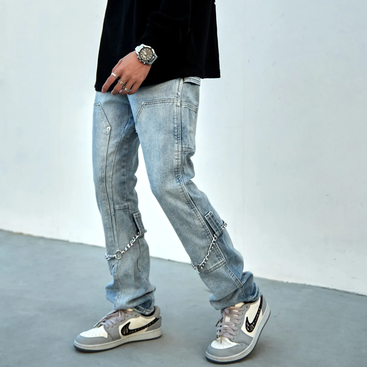 

2021 Korean Fashion Chain Decoration Retro Washed Men Pencil Jeans Trousers Hip Hop Slim Casual Women Punk Denim Pants For Teens