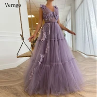 verngo elegant lavender tulle a line long prom dresses 2021 v neck 3d flowers layer corset fitted floor length evening gown