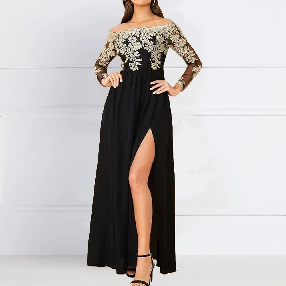 Кружевное платье с аппликацией и вырезом лодочкой Черное женское драпировкой