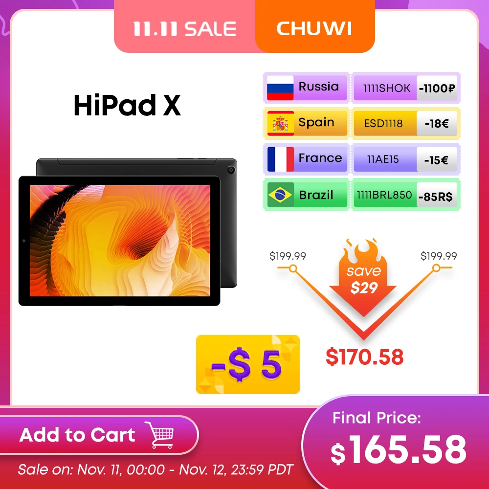 

CHUWI HiPad X планшет, экран 10,1 дюймов, Android 10, Восьмиядерный, 4 Гб ОЗУ 1920 Гб ПЗУ