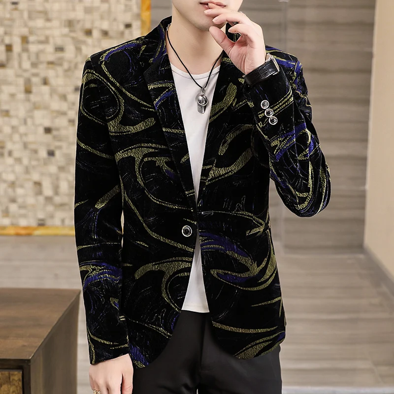 

Блестящий бархатный блейзер азиатского размера с принтом, мужской деловой облегающий Блейзер на одной пуговице, Женская куртка, уличная од...