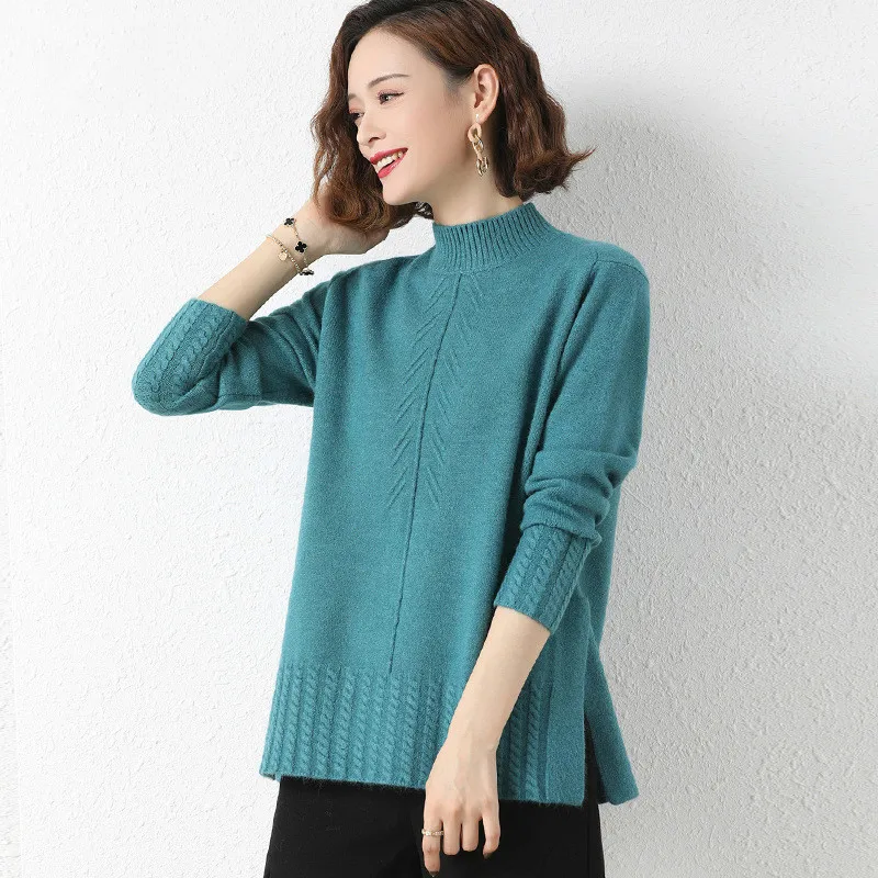 

Осень-зима 2021, элегантный женский свитер PEONFLY с ложным воротником, повседневный Однотонный пуловер с Боковым Разрезом, свитер, Женский вязан...