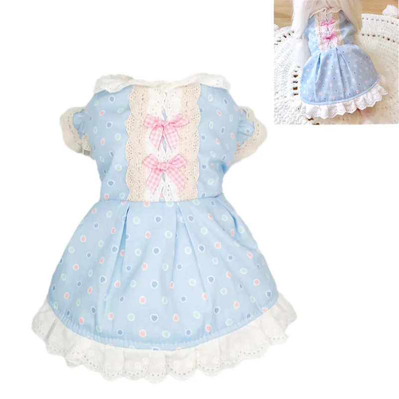 

Pet Dog Clothes Blue Lace Mesh Heart Pattern Sleeveless Small Dog Dress Bow-knot Buds Pet Clothing For Wedding Party