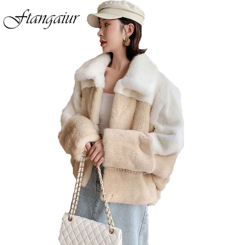 

Ftangaiur NEW Winter Imported Velvet Mink Fur Coat Turn-Down Collar Beading Women's Short Pure Natural Real Mink Fur Coats