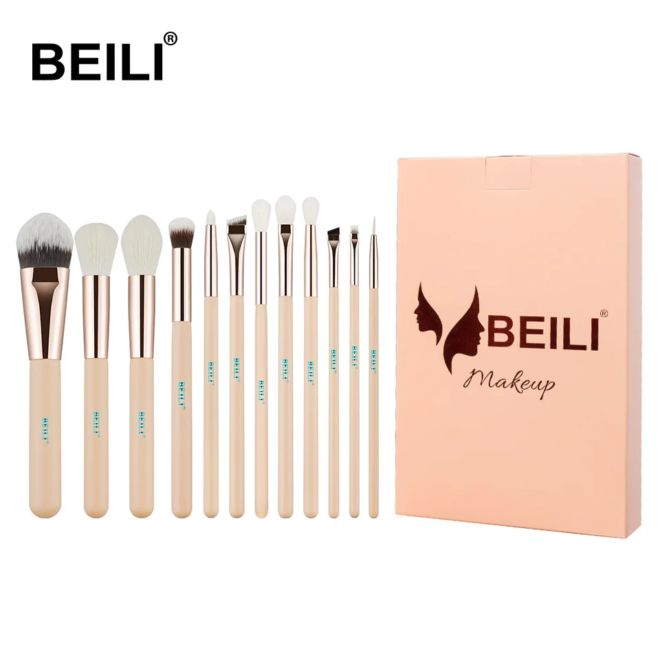 BEILI, розовый цвет, 12 шт., розовый цвет, золотой цвет, натуральная козья шерсть, Премиум основа, тени для век, румяна, пудра, хайлайтер, консилер, набор кистей для макияжа