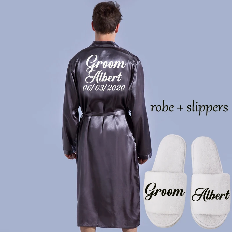 gray robe slippers 1844 брендовый длинный халат имитирующий шелк мягкий домашний банный халат размера плюс S-XXL ночная рубашка для мужчин кимоно халаты осень весна зима лето - Цвет: gray robe slippers