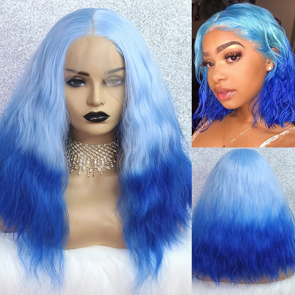 Light Blue Wig Ombre Synthetic Lace Front Wig High Temperature Fiber Dark Blue Party/Cosplay Wigs For Black Women OLEY