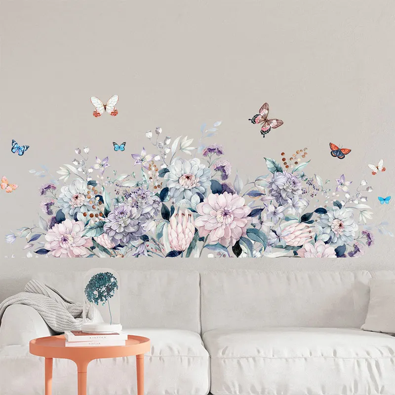 Watercolor Flowers Wall Stickers for Living room Bedroom Kitchen Decor Baseboard Sticker Home Vinyl PVC Decals | Дом и сад