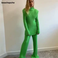 beachapche 2021 autumn winter long sleeve sweater top green and pants knitted casual women two piece set khaki fashion suit