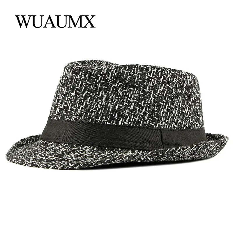 

Wuaumx Brand NEW Autumn Winter Fedoras Hat For Male knitted Top Jazz Hats Men Women Retro Panama Hat Classic Bowler Caps Cotton