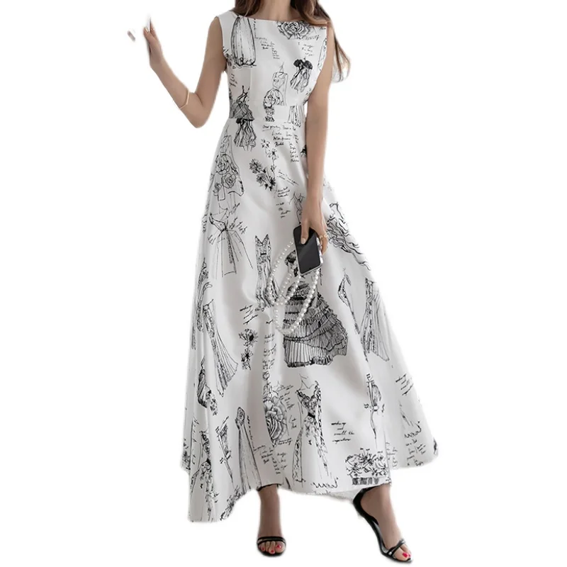 

summer Beach holiday dress round neck sleeveless high waist printing Fashionable and elegant celebrities thin for women dresses