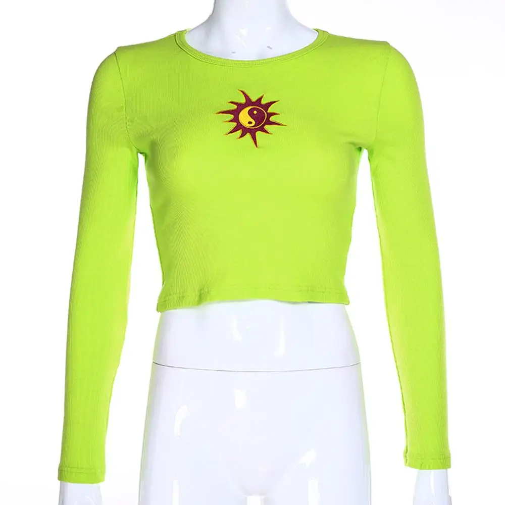 Green long sleeve Летняя футболка с коротким рукавом и вышивкой от солнца, кроп-топы, женская трикотажная тонкая футболка для отдыха, женская уличная одежда, футболки синего/зеленого цвета - Цвет: Green long sleeve