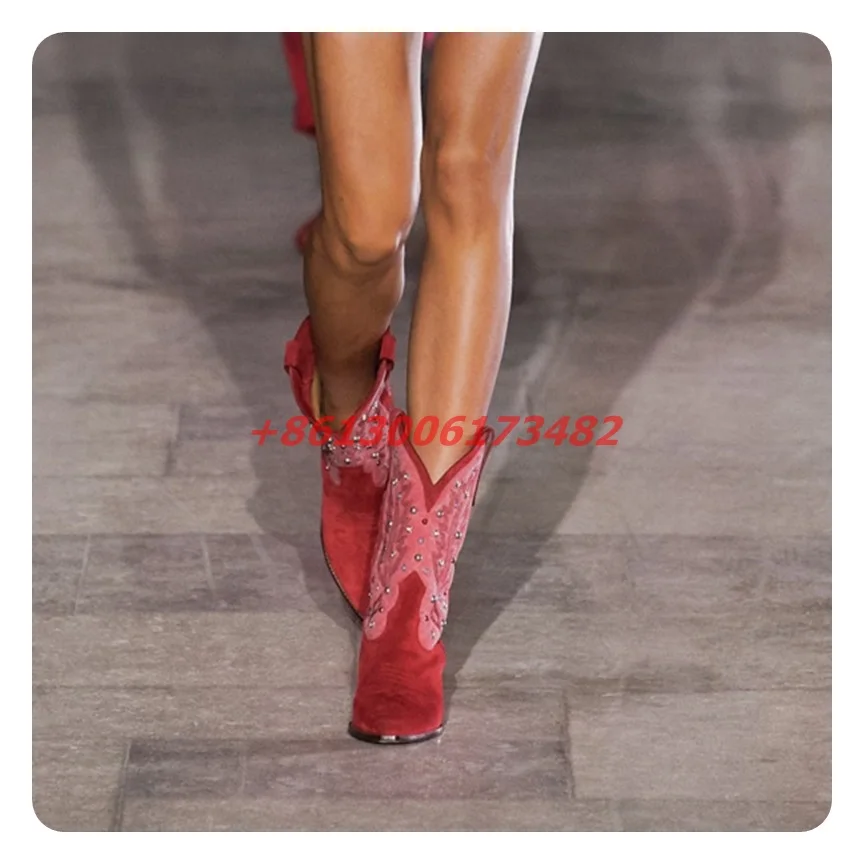 Женские ковбойские ботильоны ботинки в стиле ретро с вышивкой заклепками острым