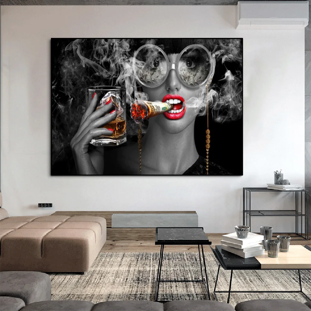 Постер на холсте Картина абстрактные сексуальные губы курить женщин с деньгами