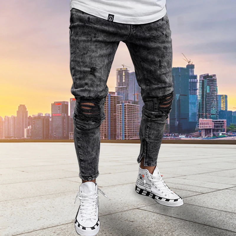 Black Skinny Ripped jeans Men Pants Pencil Biker Casual Jogger Long Pants Destroyed Hole Hip Hop Slim Fit Man Stretchy Jean 2021