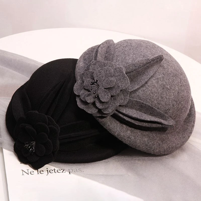 100% Wool Felt Berets Women Autumn And Winter Party Gauze Flower Formal Hat Banquet Grace Woolen Hats | Аксессуары для одежды