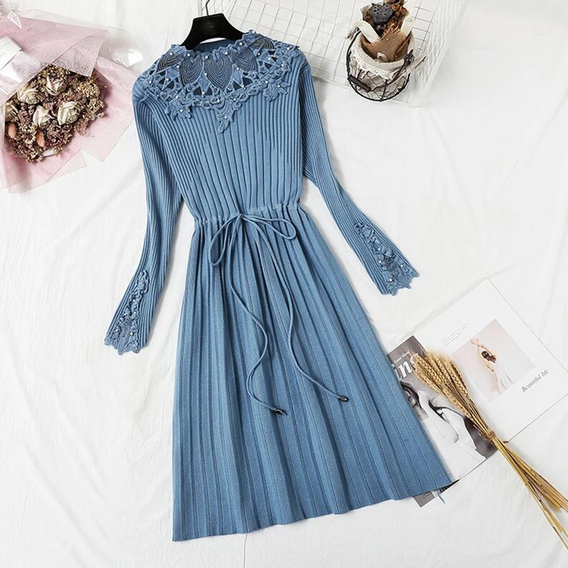 

2019 New Autumn Knitted Dress Women Vintage Hollow Out Lace patchwork Sweater Dresses Long sleeve Ruffles Dress Female Vestidos