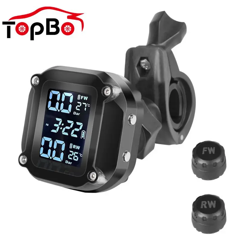 

Portable Motorcycle TPMS Motor Tire Pressure Tyre Temperature Monitoring Alarm System 2 External Sensors USB Solar Charging
