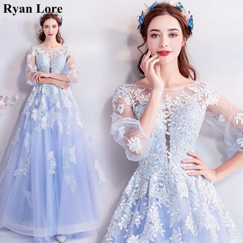 Светло голубые женские платья для выпускного вечера 2020 Элегантные рукава 3/4 с