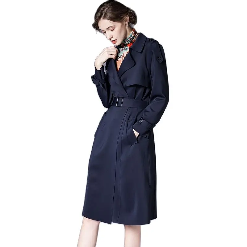 

2021 Spring Women's New Slim-Fit Casual Jacket Adjustable Straight-Cut Blue Mid-Length Trench Coat
