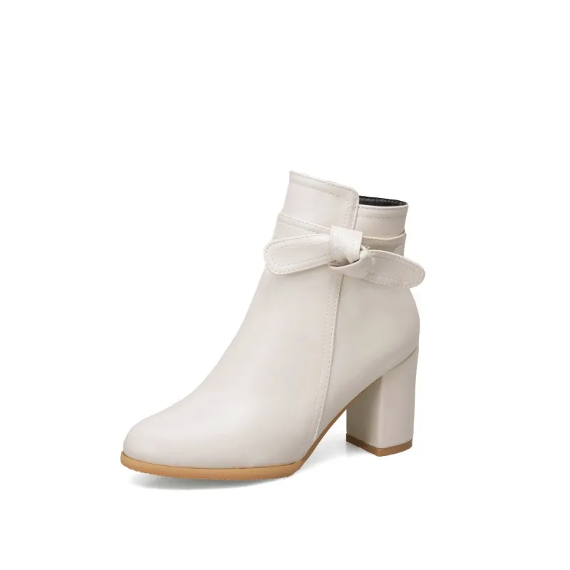 Большой Размеры 1 мадам грубый каблук полусапожки Чистый цвет бантом