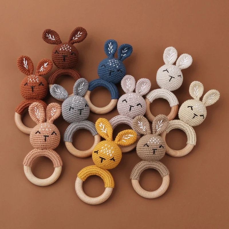 

1pc Wooden Crochet Bunny Rattle Toy BPA Free Wood Ring Baby Teether Rodent Baby Gym Mobile Rattles Newborn Educational Toys