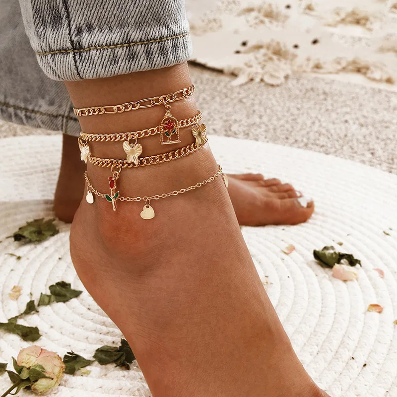 4 шт./компл. женские модные браслеты на ногу золотого цвета с бабочкой розой