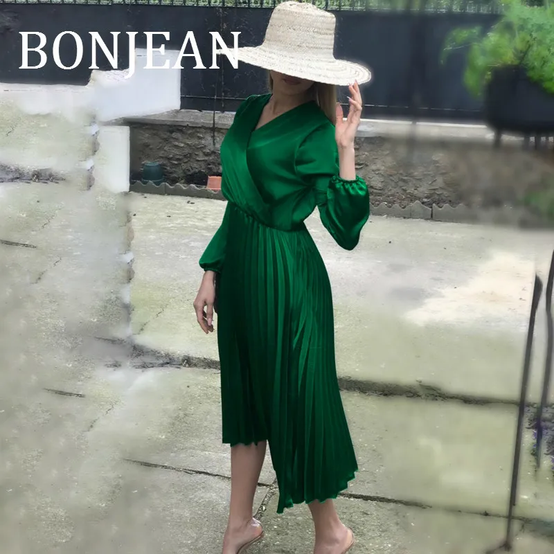BONJEAN Женское зеленое плиссированное платье 2019 Осень Одежда Фонарь с высокой
