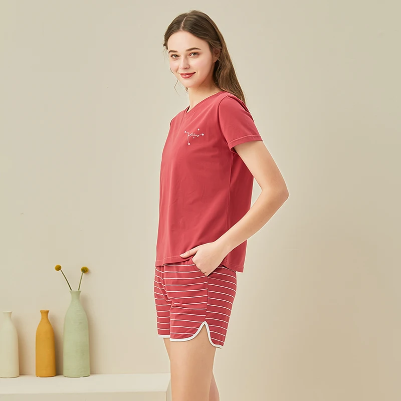 

Short-sleeved shorts and pajamas suit Men's knitted cotton striped home furnishing suits can be worn outside