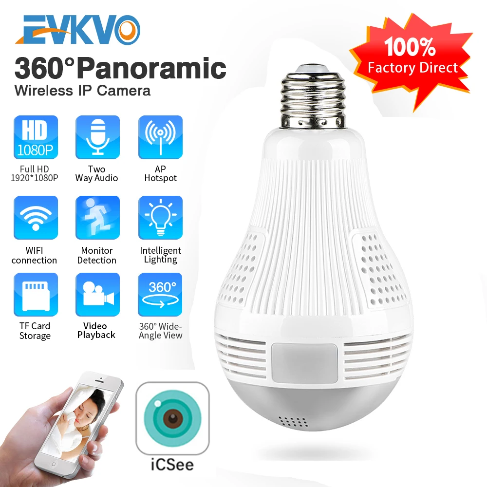 ICSEE HD 360 ° панорамный Wifi 1080P IP Камера светильник лампочка домашней безопасности
