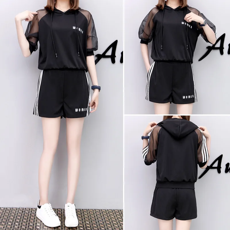 

Europe station 2019 new leisure fashion suit mesh sleeve large loose skinny shorts 2-piece women's set