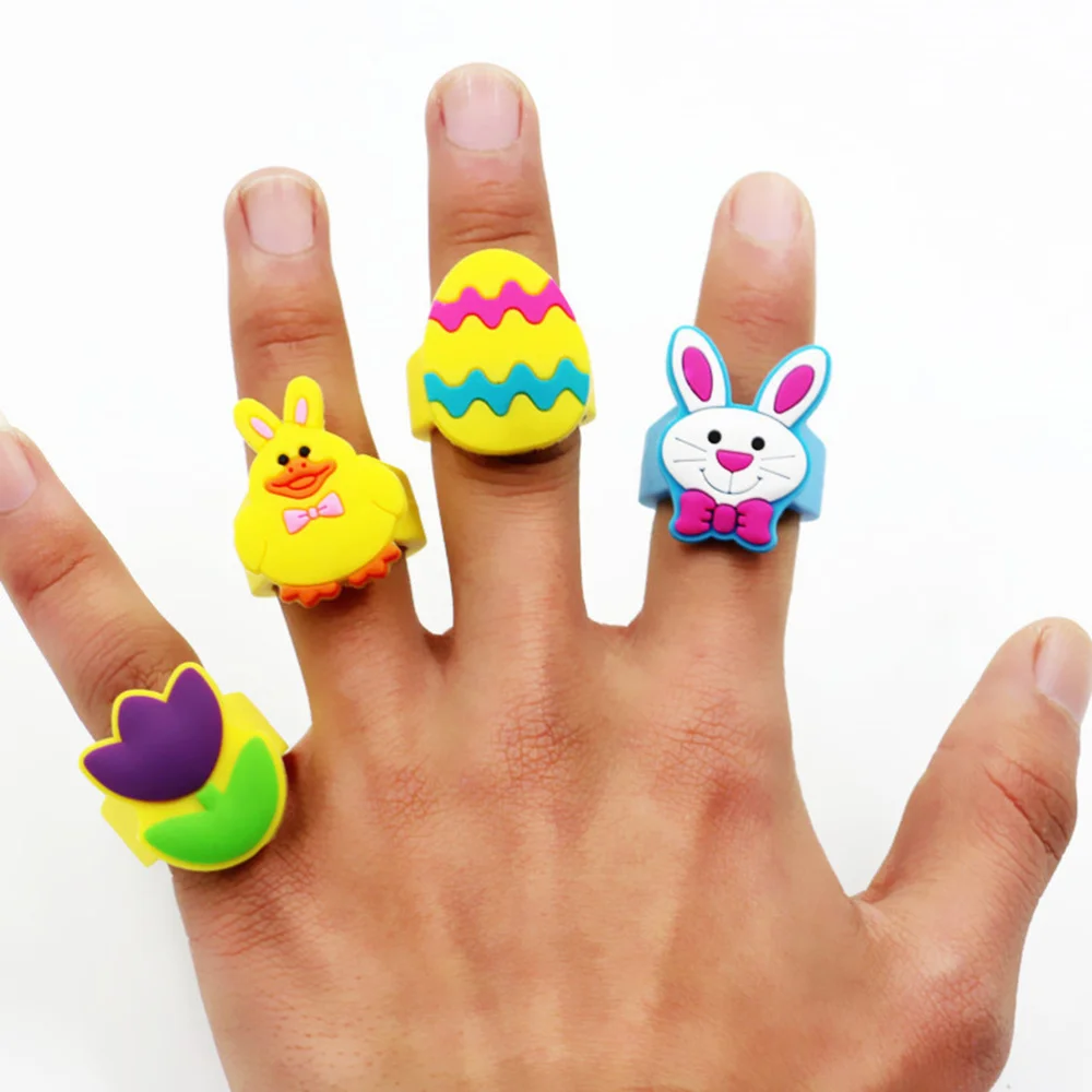 

10pcs Environmental Cartoon Easter Children PVC Rings Toys Jewelry Gift Party Favors for Kids Girls(Random Pattern)