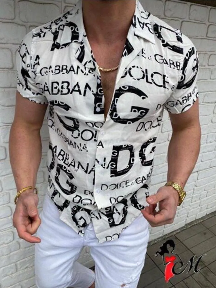

2021 New Men's Shirt Slim Fit Men's Short Sleeve Shirt Hawaii Casual Shirts Single-Breasted Letter Printing Clothing