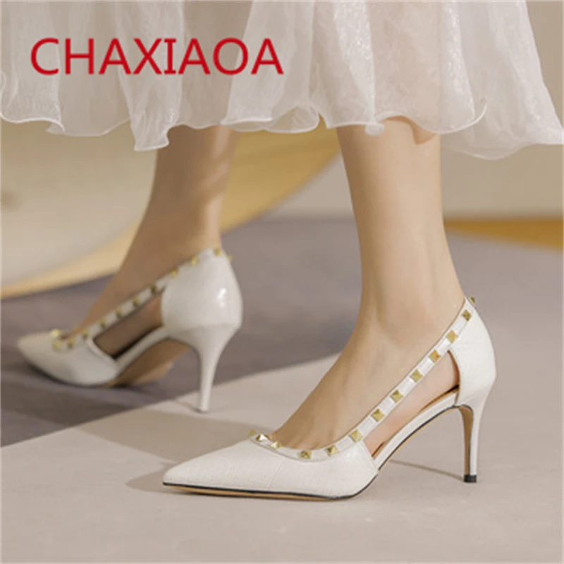 

CHAXIAOA 2021 Sexy Stilettos Heel Women Pumps Pointed Toe Rivets Studs Designer Shoes Woman Shallow Office Party Thin High Heels