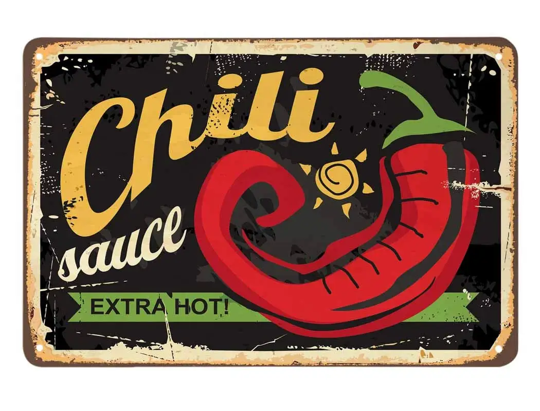 

Chili Sauce Poster Tin Sign,Extra Hot Chili Vintage Metal Tin Signs for Cafes Bars Pubs Shop Wall Decorative Funny Retro