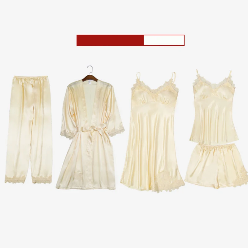 Пижама женская атласная из искусственного шелка комплект 5 предметов домашняя