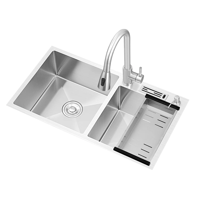 

Large Handmade Sink Double Slot 304 Stainless Steel Kitchen Sink with Knife Holder Above Counter Sink Kitchen Faucet Brushed