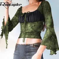 rapcopter floral crop top grunge ruffles t shirt ruched lace up pullovers retro cute harajuku tee women casual autumn tops chic