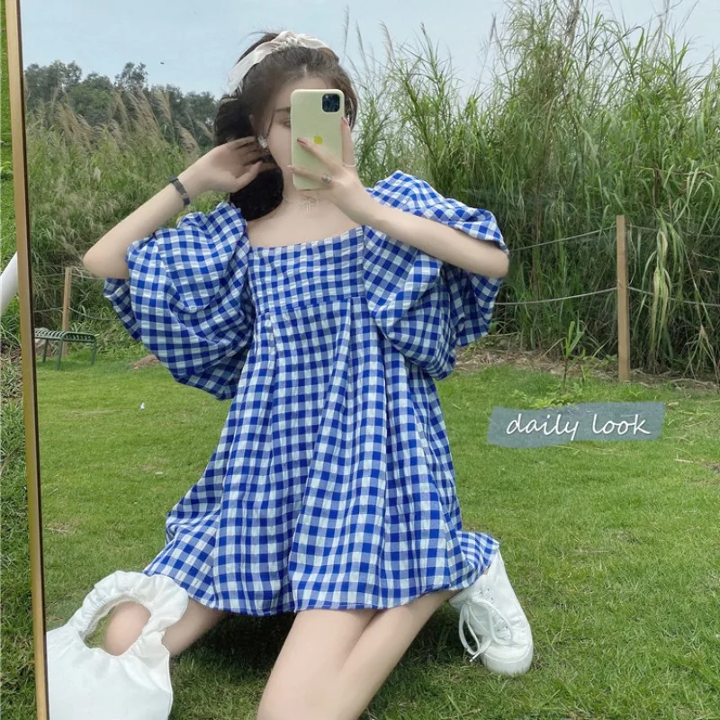 Женское летнее платье в клетку свободное с квадратным вырезом и вырезом|Женские