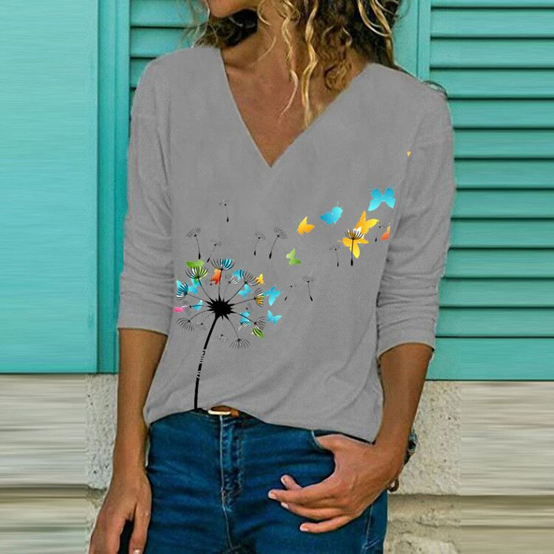 

Elegant V Neck Long Sleeve T-Shirt Woman Dandelion Print Casual Shirts Fashion New Style Streetwear Women Tops Pullover
