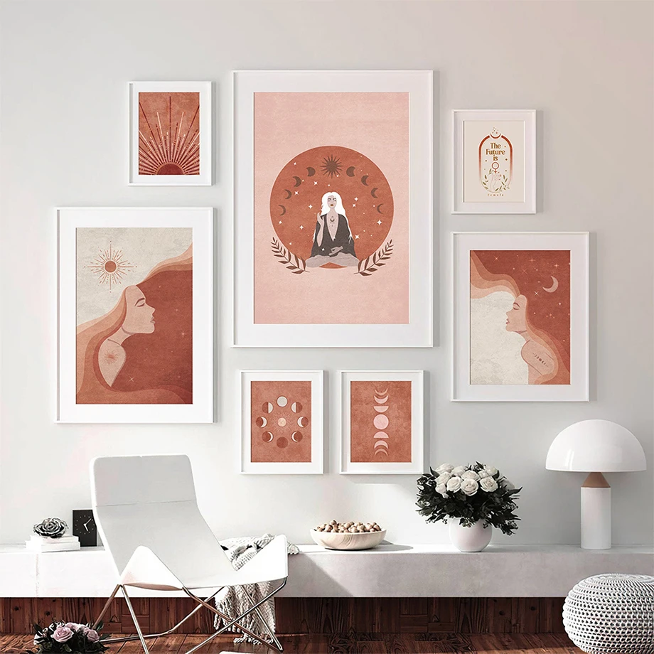Абстрактная схема фаз Луны в стиле бохо постеры удачи солнце женщина будущее