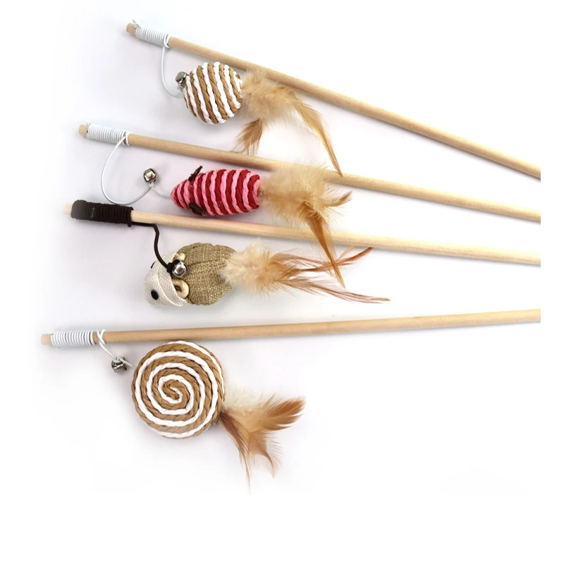 

Natural Kitten Toys Feather Mouse Wooden Pole Interactive Toy Cat Stick Pet Cat Supplies Mouse Cat Teaser Wand Toy Supplies