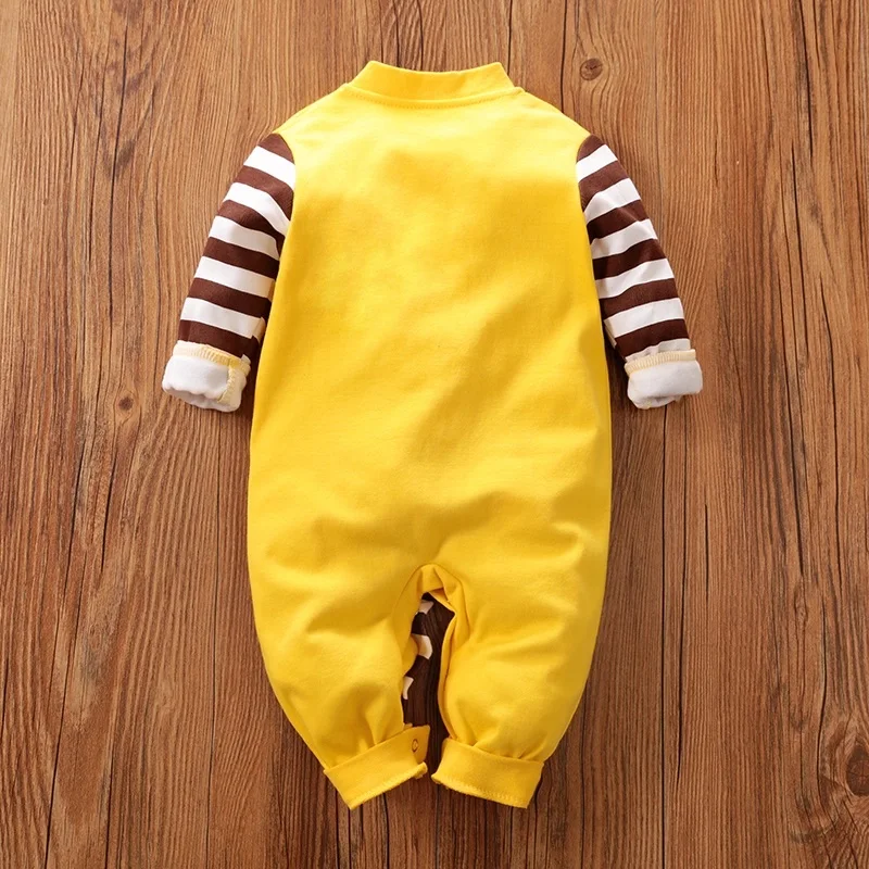 

Colorful Autumn and Winter Cotton Baby Giraffe Lion Rabbit Pocket Design Baby Jumpsuit Striped Single-breasted Kids Clothes