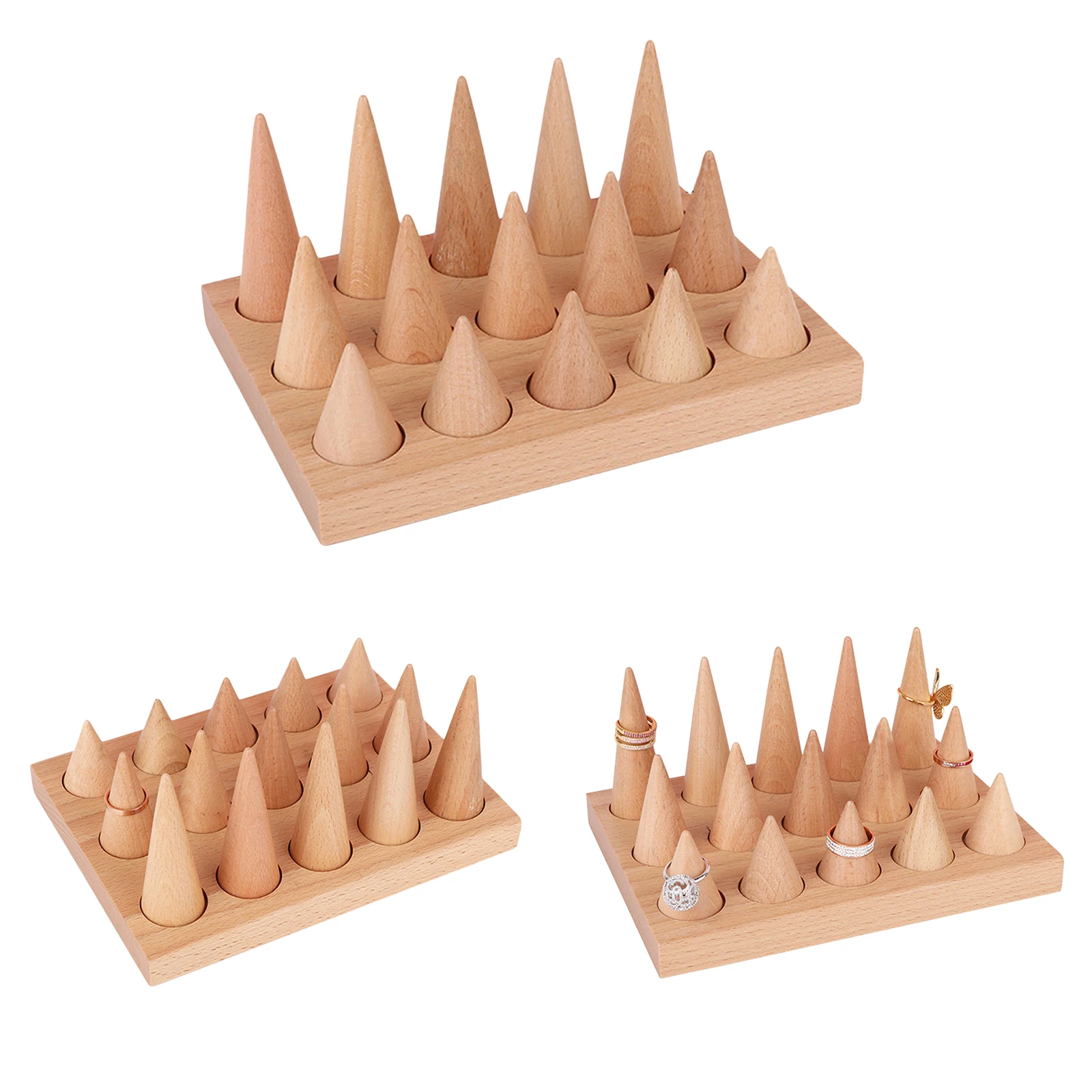 

15 Finger Jewelry Showcase Display Stand Cone Shape Organizer Wooden