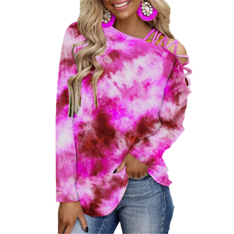 

Футболка женская с принтом Tie-dye, модная тенниска с длинным рукавом и открытыми плечами, повседневный бандажный топ с косым воротником, осень