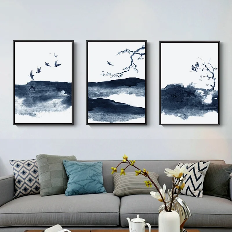 

Chinese New Abstract Ink Landscape Canvas Paintings Blue Posters Flying Birds Print Wall Art Pictures for Living Room Decoration