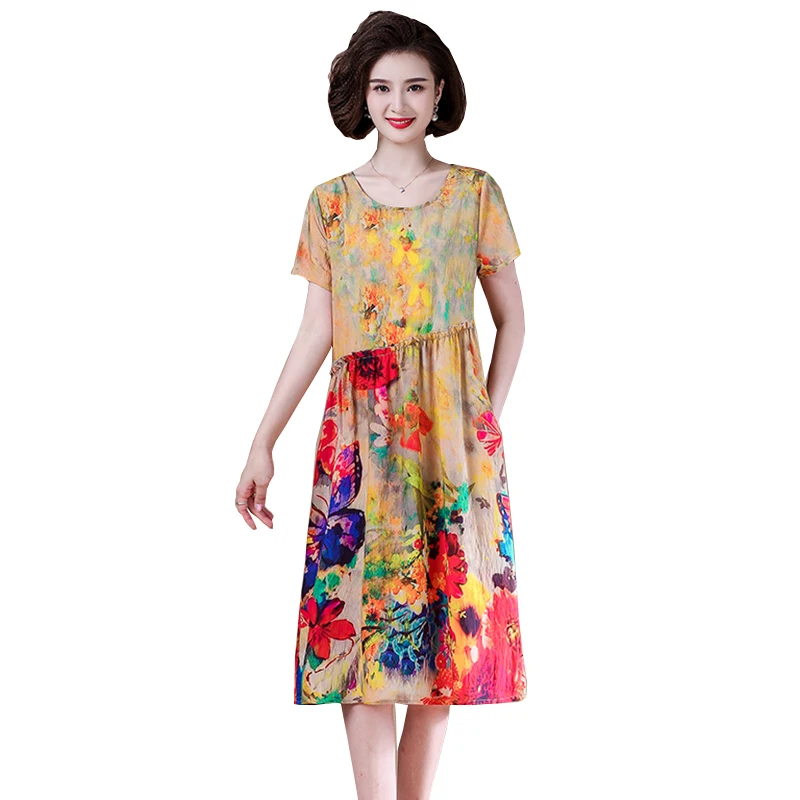 

Женское Повседневное платье из хлопка и шелка, свободные женские платья средней длины в винтажном стиле с круглым вырезом и цветочным принт...